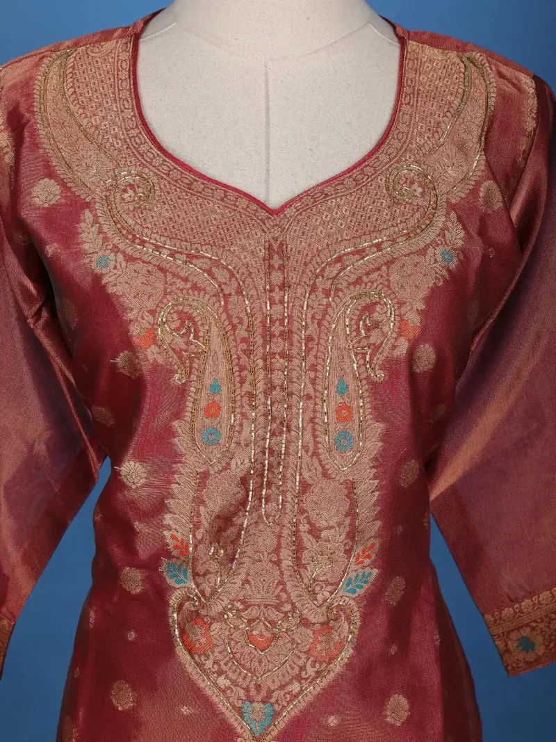Red Floral Embroidery Tissue Silk Salwar Suit 5