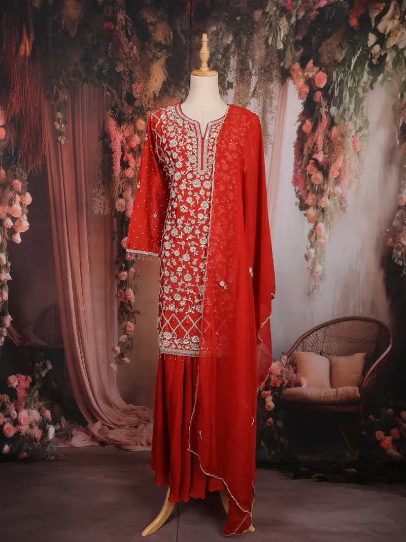 Red Floral Heavy Sequins And Thread Embroidered Design Raw Silk Skirt Top Lehenga 1