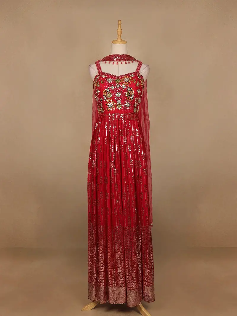 Red Floral Mirror Embroidery Georgette Jumpsuit 1