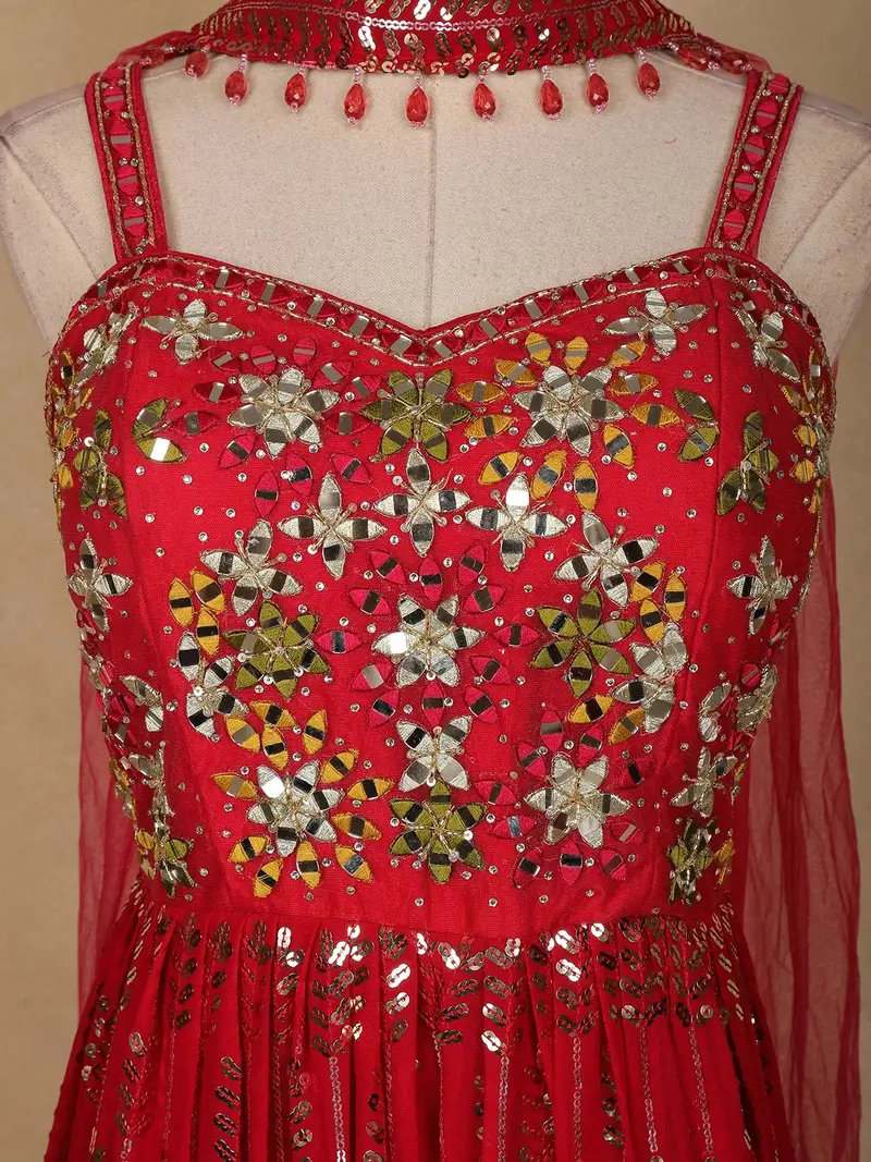 Red Floral Mirror Embroidery Georgette Jumpsuit 2