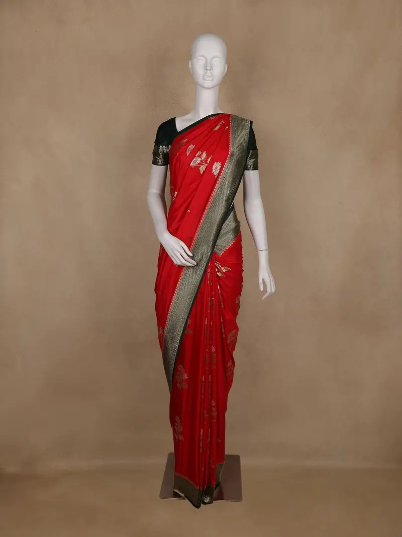Red Floral Motif Design Semi Banarasi Silk Saree 1