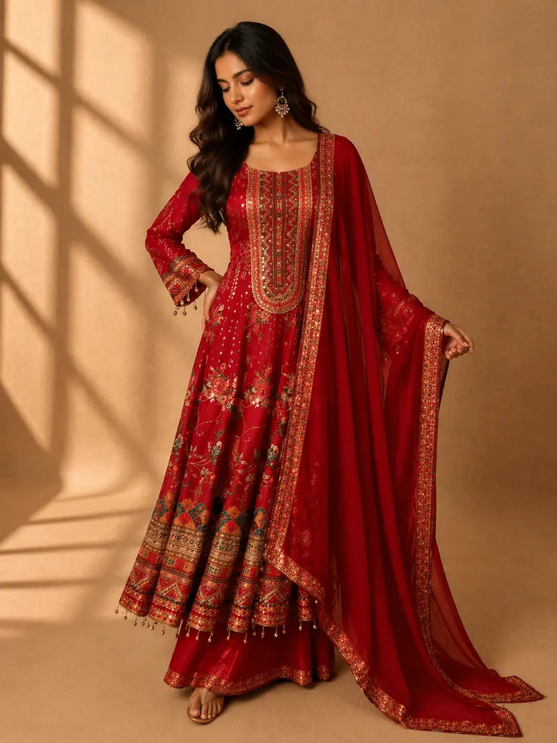 Red Floral Print Rayon Straight Cut Salwar Suit 1