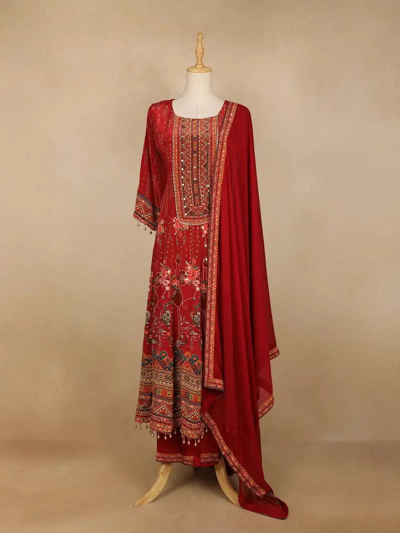 Red Floral Print Rayon Straight Cut Salwar Suit 2