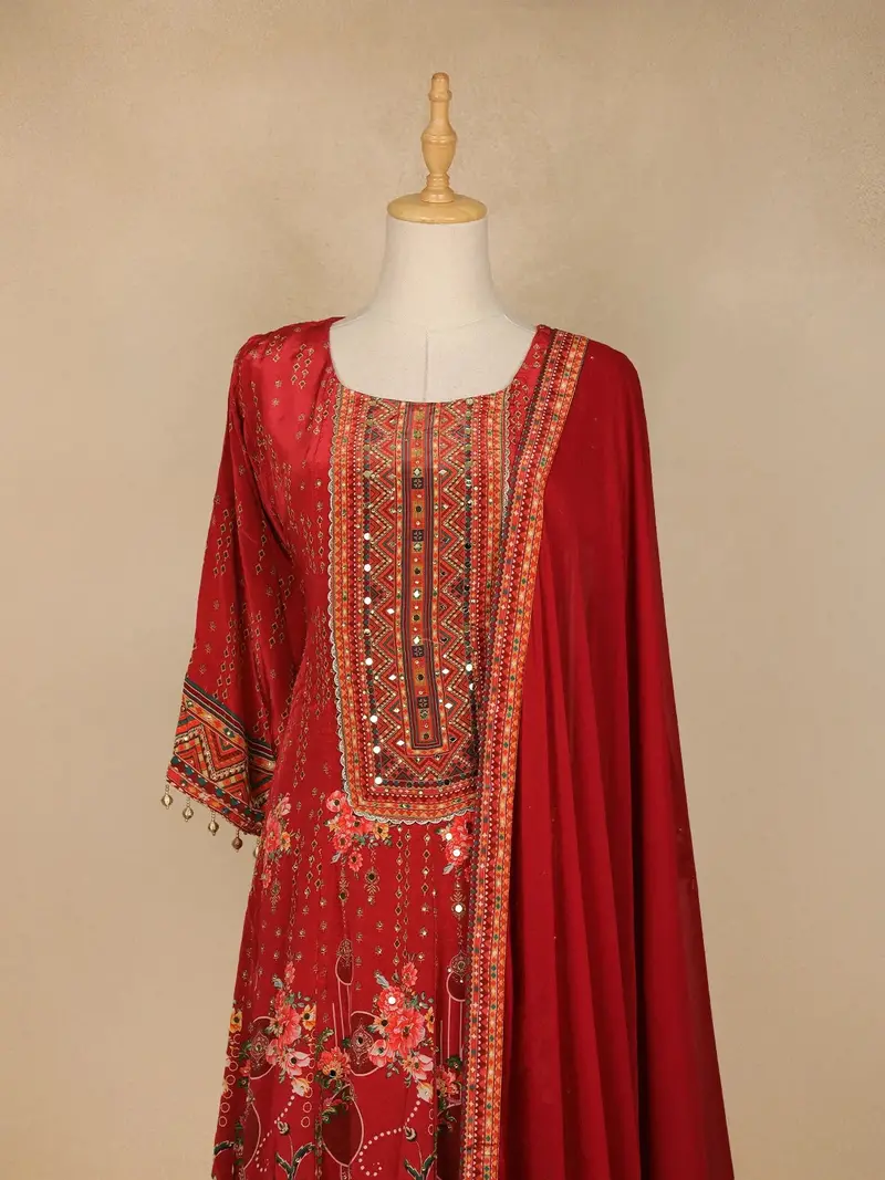 Red Floral Print Rayon Straight Cut Salwar Suit 3
