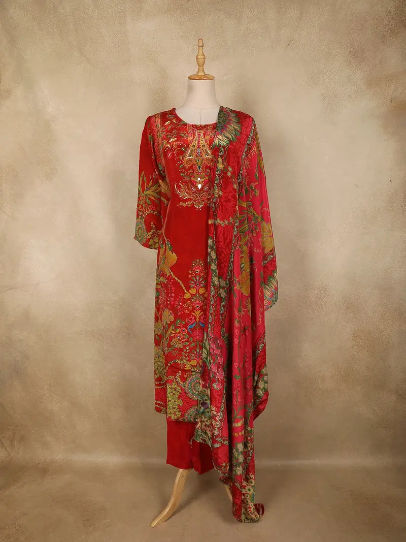 Red Floral Printed And Beads Embroidered Design Synthetic Straight Cut Salwar Suit With Dupatta 1