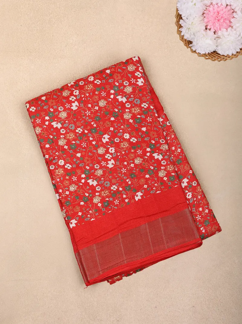 Red Floral Printed Chanderi Cotton Saree With Contrast Border 1