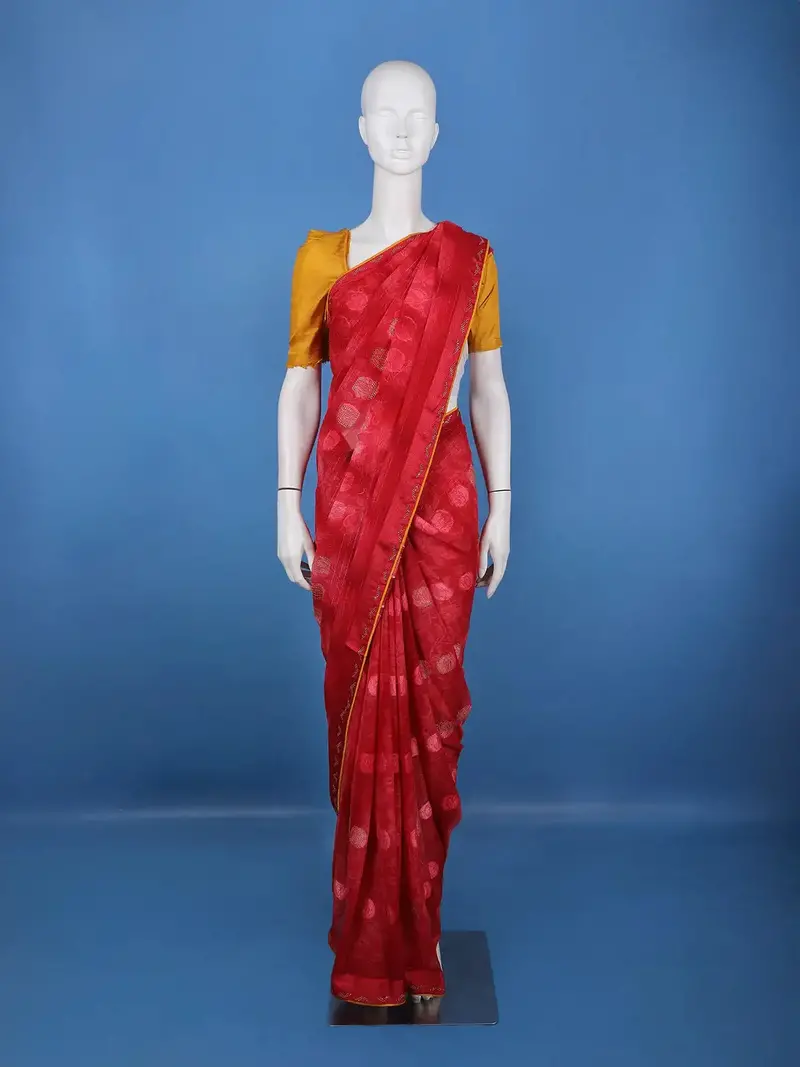 Red Floral Printed Chiffon Saree 1