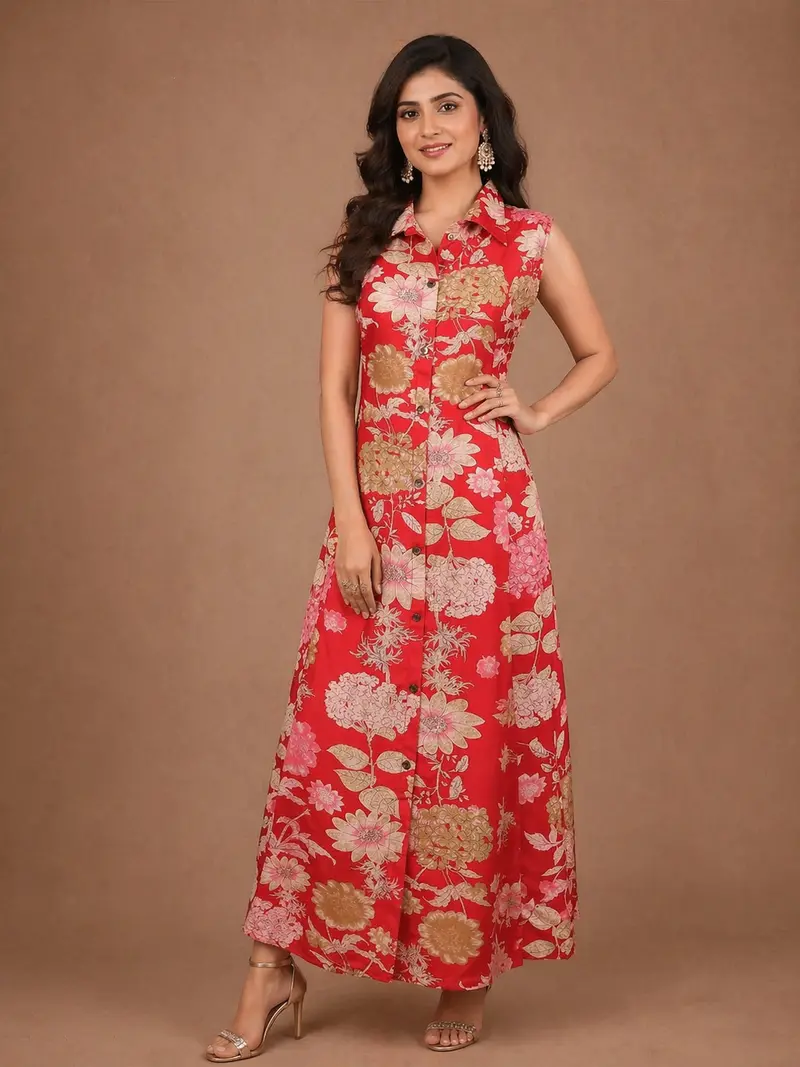 Red Floral Printed Cotton Kurti 1