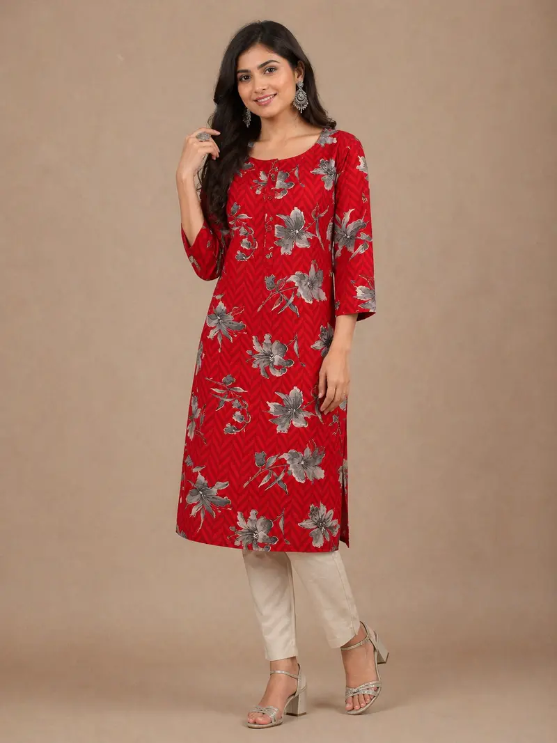 Red Floral Printed Cotton Kurti 1