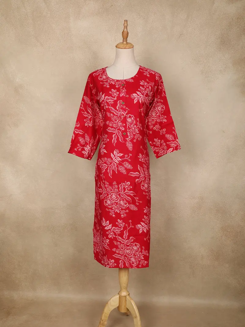 Red Floral Printed Cotton Kurti 1