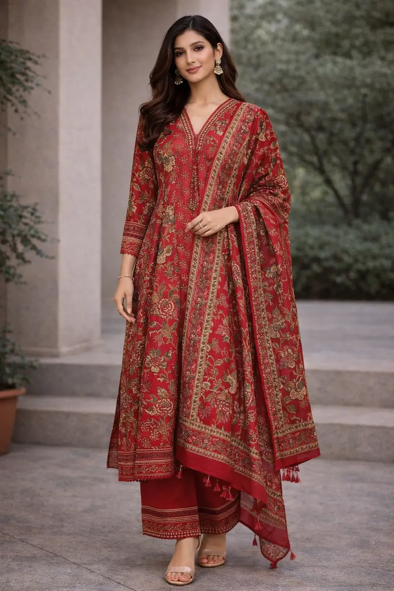 Red Floral Printed Cotton Salwar Suit 1