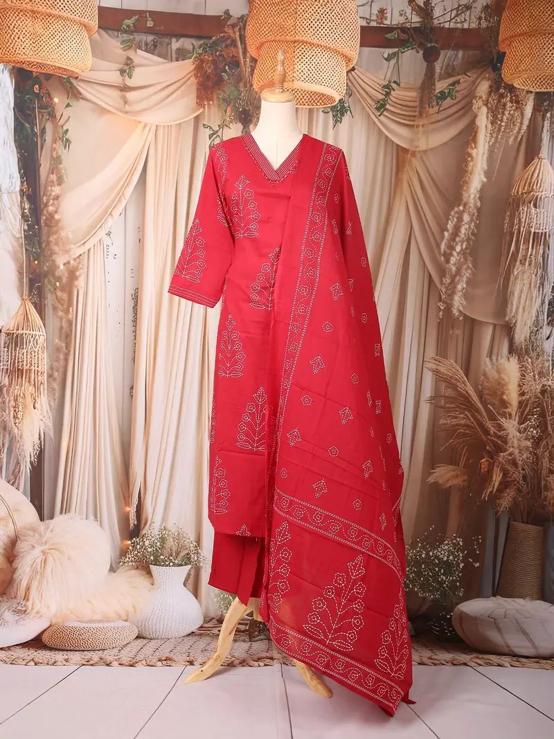 Red Floral Printed Cotton Salwar Suit 1