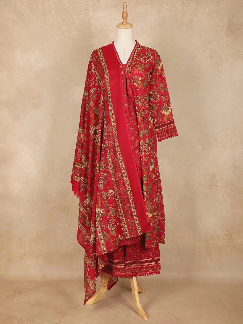 Red Floral Printed Cotton Salwar Suit 2