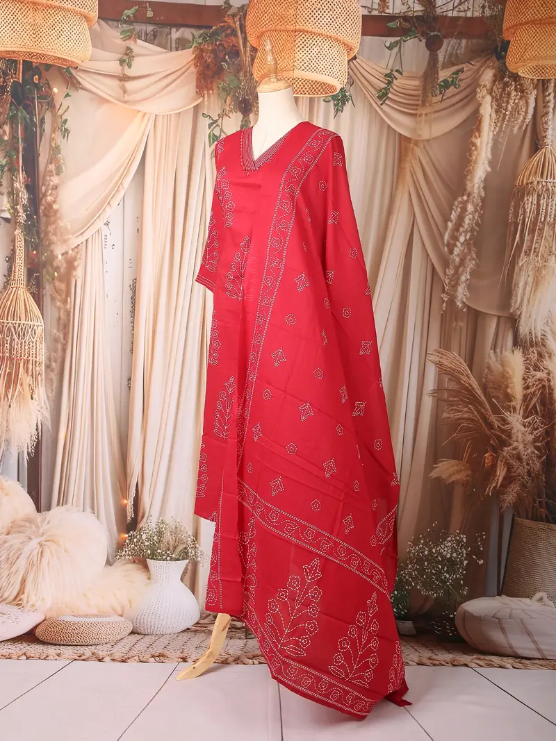 Red Floral Printed Cotton Salwar Suit 3