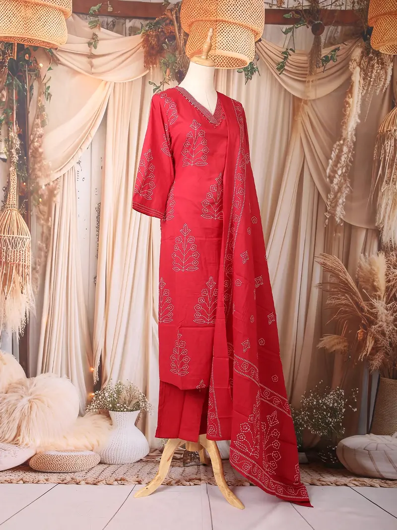 Red Floral Printed Cotton Salwar Suit 4