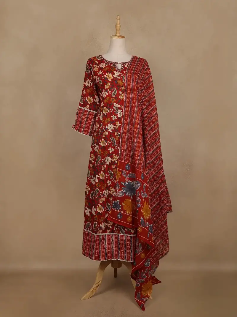 Red Floral Printed Cotton Salwar Suit With Dupatta 1