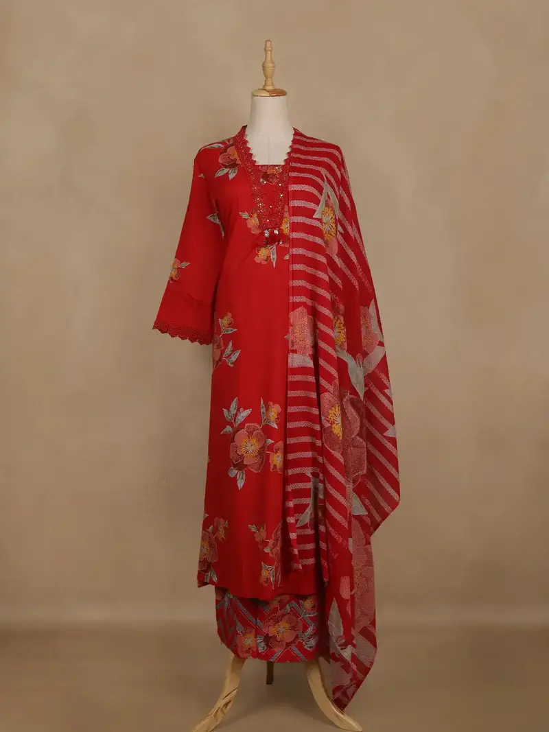 Red Floral Printed Cotton Salwar Suit With Dupatta 1
