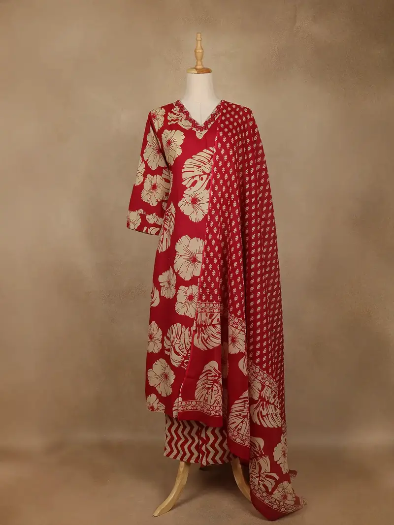 Red Floral Printed Cotton Salwar Suit With Dupatta 1