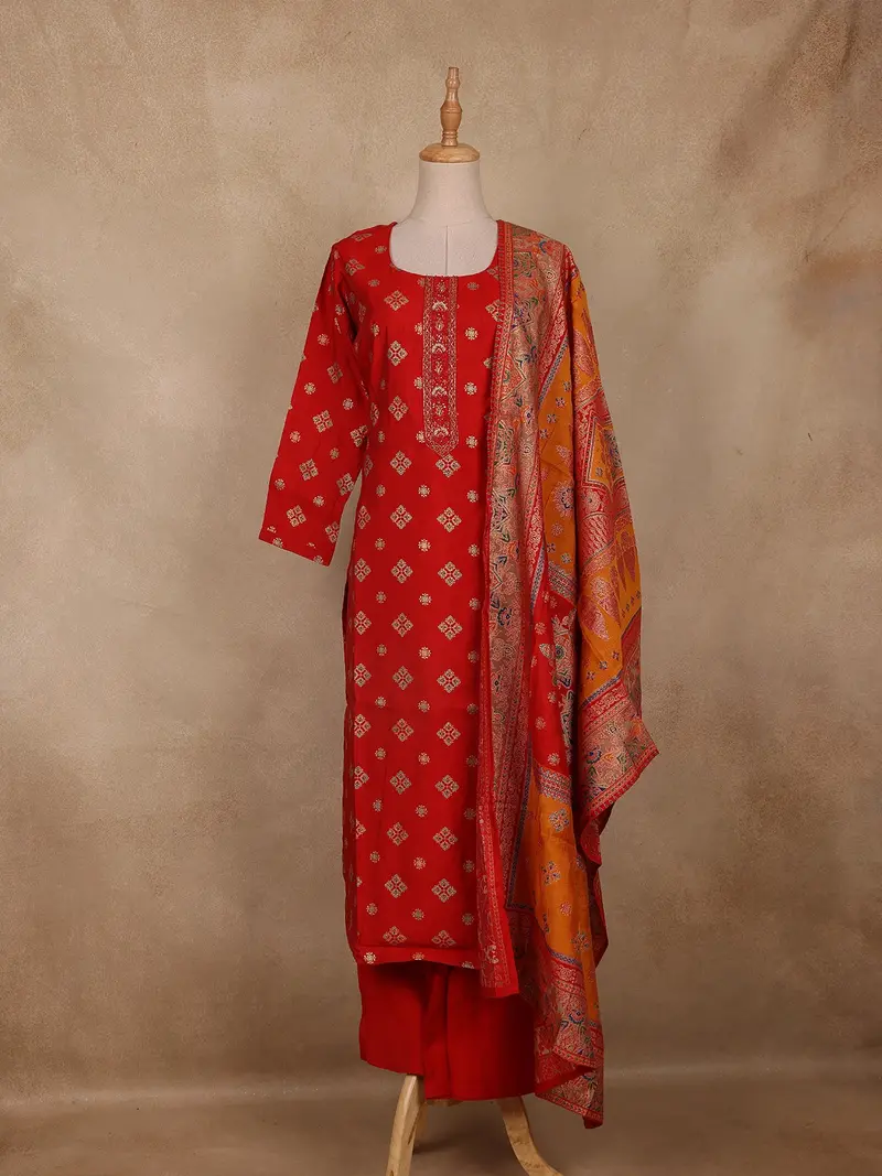 Red Floral Printed Cotton Salwar Suit With Dupatta 1