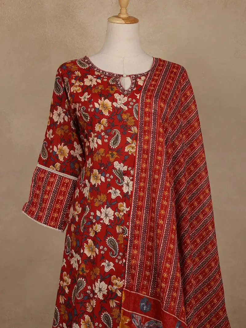 Red Floral Printed Cotton Salwar Suit With Dupatta 2