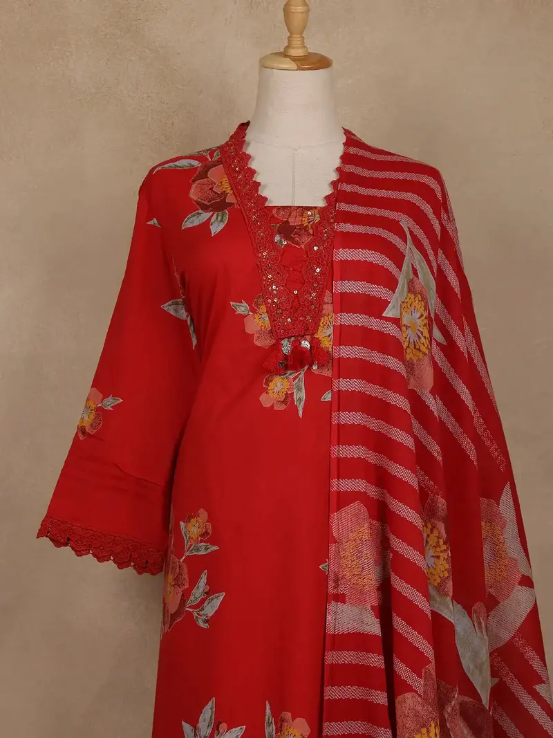 Red Floral Printed Cotton Salwar Suit With Dupatta 2