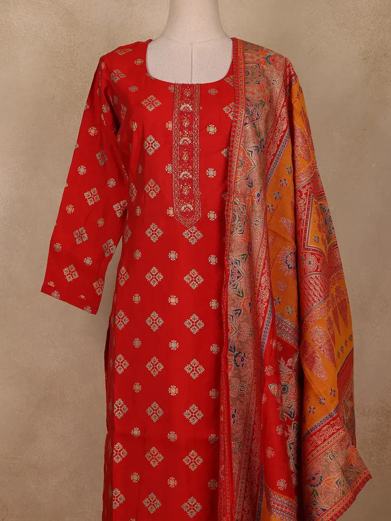 Red Floral Printed Cotton Salwar Suit With Dupatta 2