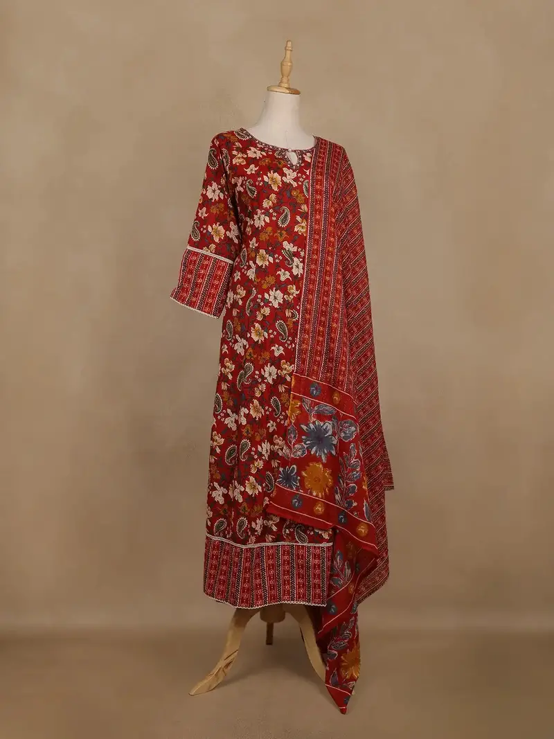 Red Floral Printed Cotton Salwar Suit With Dupatta 4