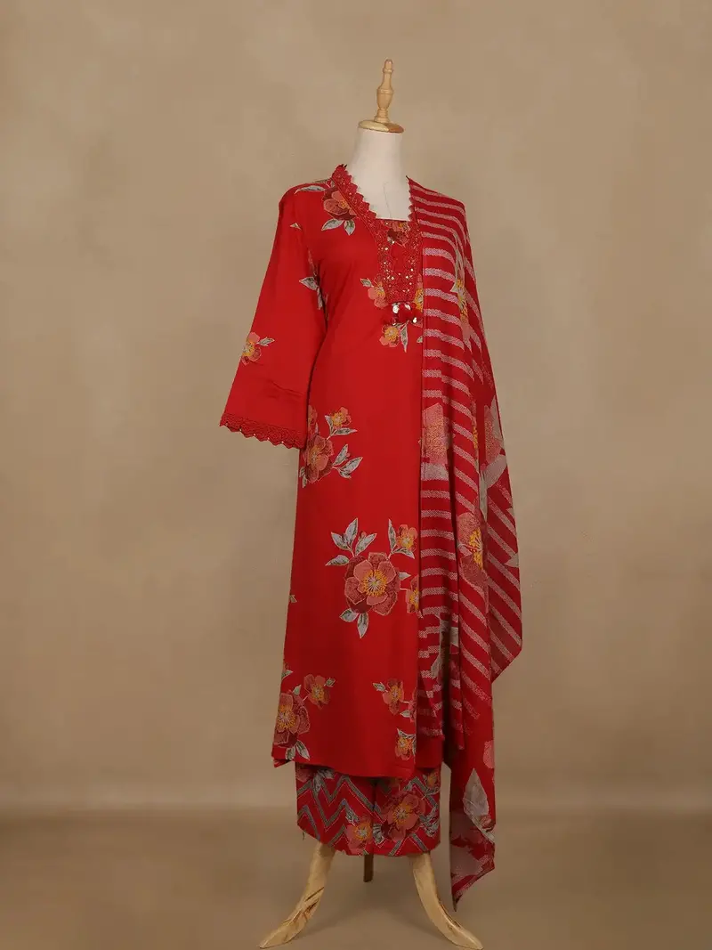 Red Floral Printed Cotton Salwar Suit With Dupatta 4
