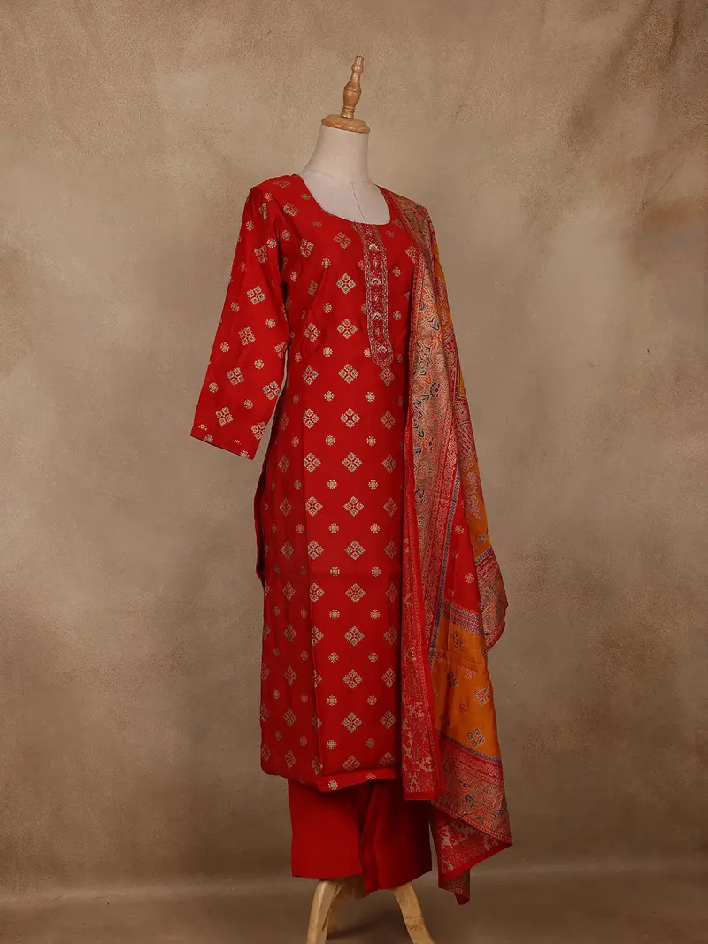 Red Floral Printed Cotton Salwar Suit With Dupatta 4