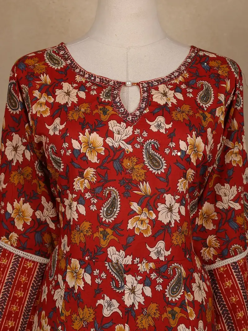 Red Floral Printed Cotton Salwar Suit With Dupatta 5