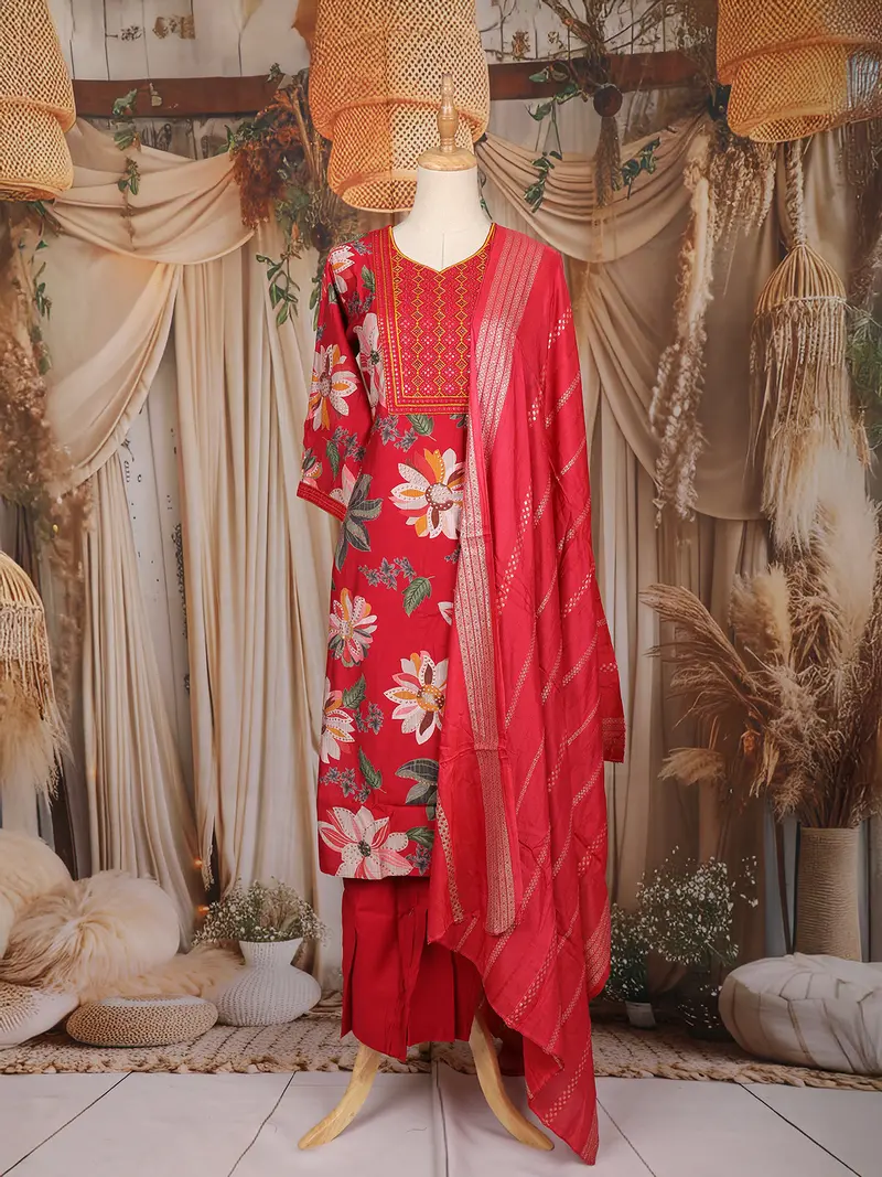 Red Floral Printed Cotton Salwar Suit With Embroidered Yoke And Dupatta 1