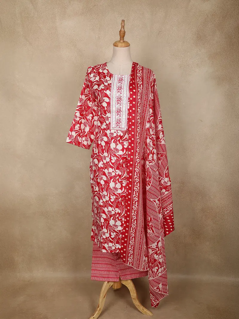 Red Floral Printed Cotton Salwar Suit With Printed Dupatta 1