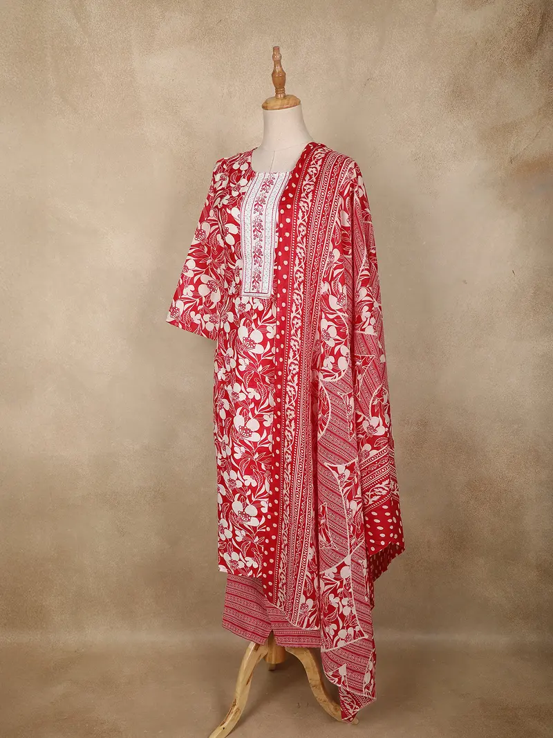 Red Floral Printed Cotton Salwar Suit With Printed Dupatta 3