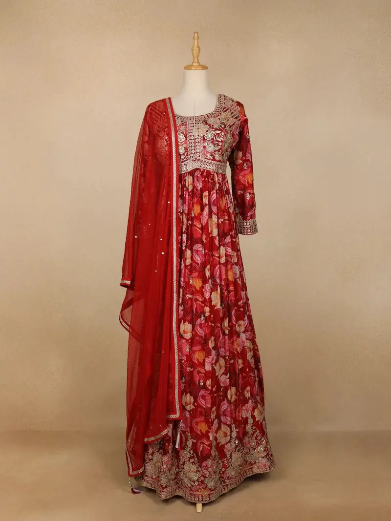 Red Floral Printed Crepe Gown 1