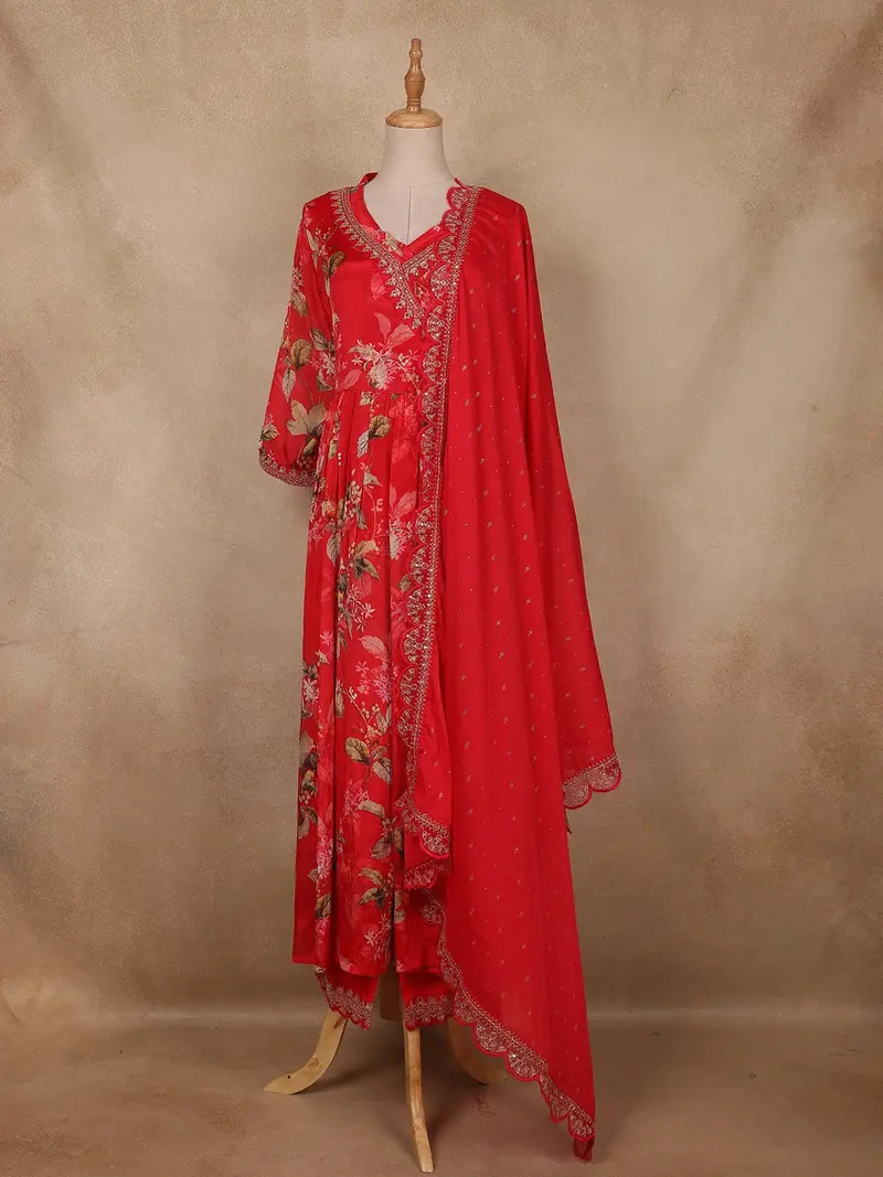 Red Floral Printed Crepe Salwar Suit With Dupatta 1
