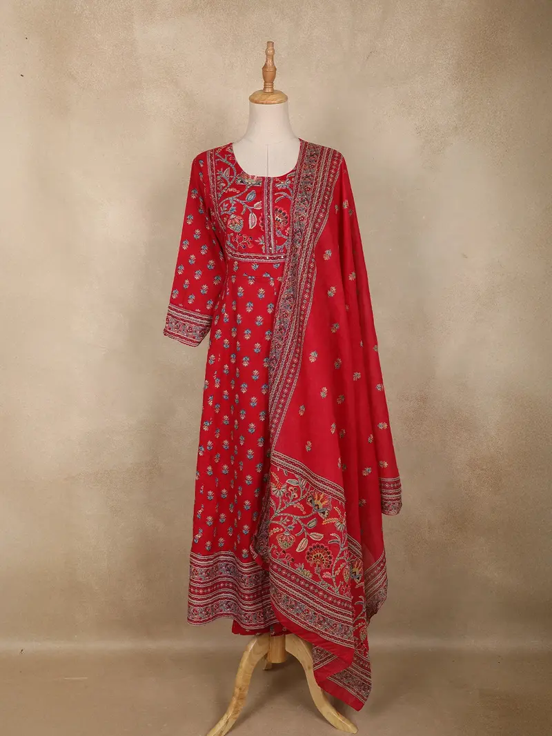 Red Floral Printed Design Cotton Anarkali Salwar Suit With Dupatta 1