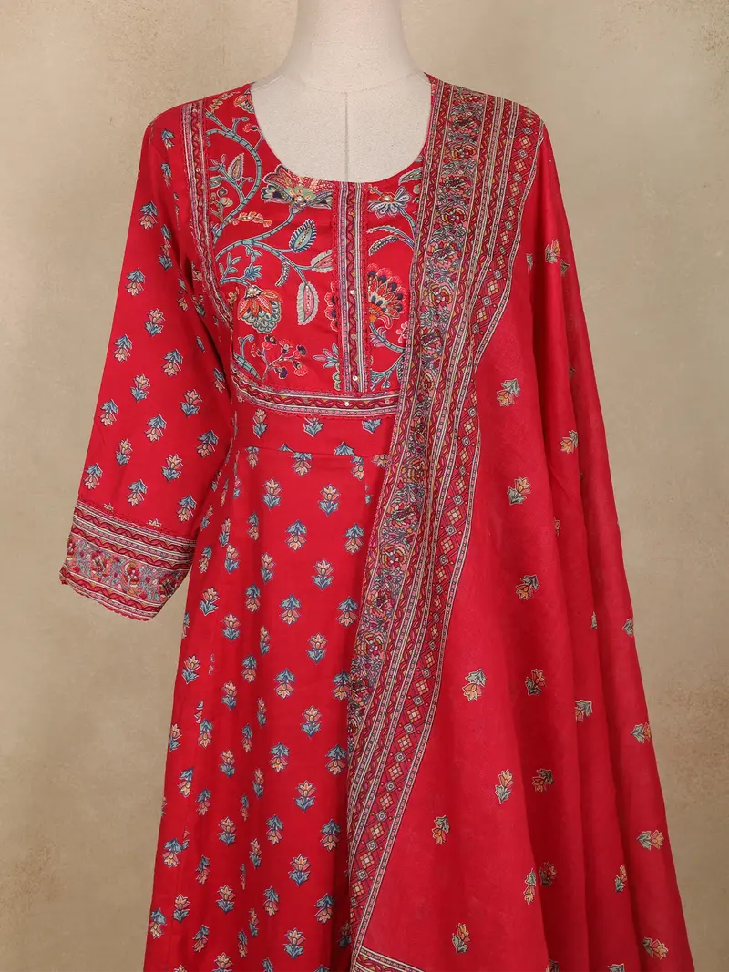 Red Floral Printed Design Cotton Anarkali Salwar Suit With Dupatta 2