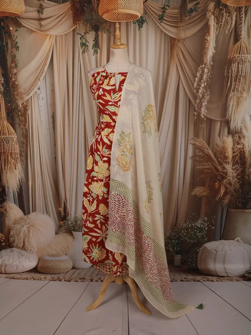 Red Floral Printed Design Cotton Anarkali Salwar Suit With Printed Dupatta 1