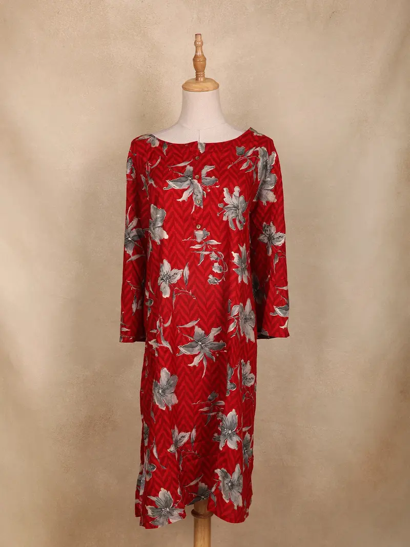 Red Floral Printed Design Cotton Kurti 1