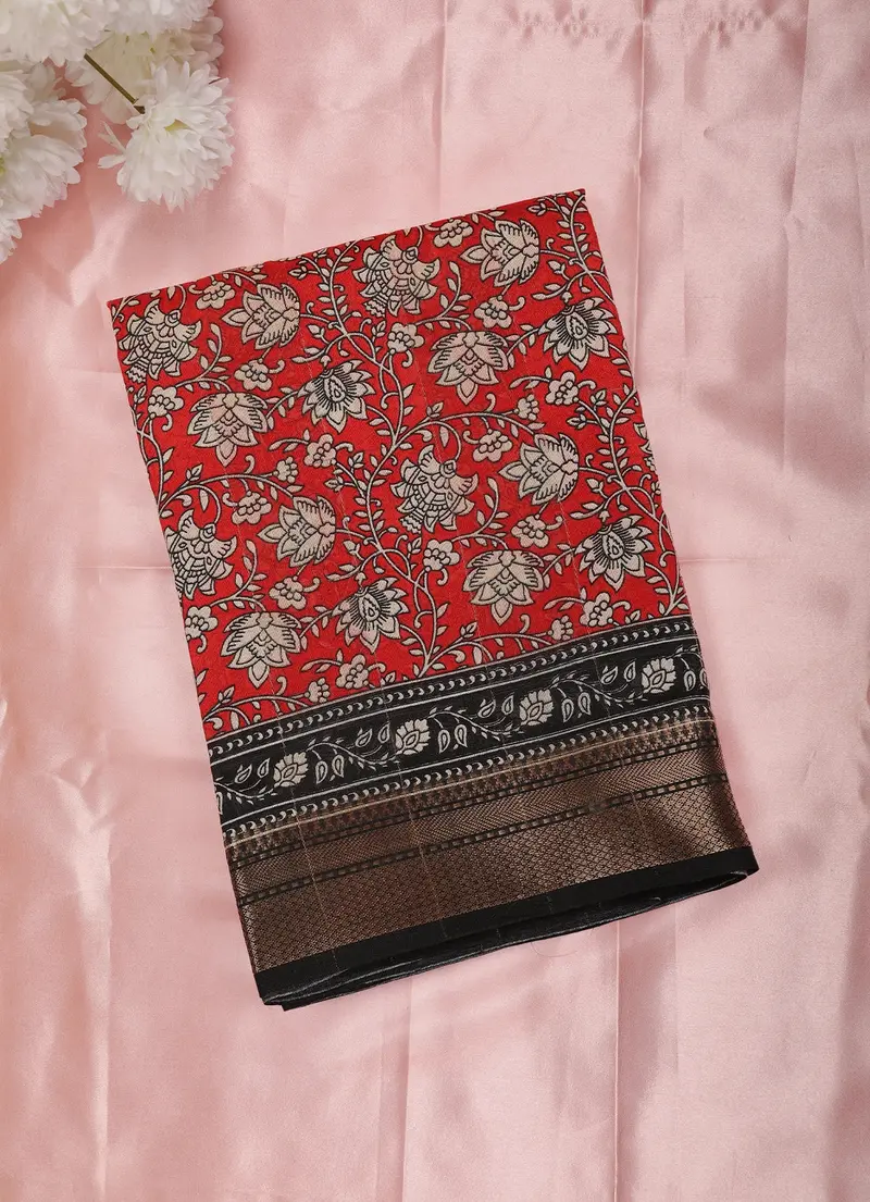 Red Floral Printed Design Mixed Cotton Saree With Contrast Border 1