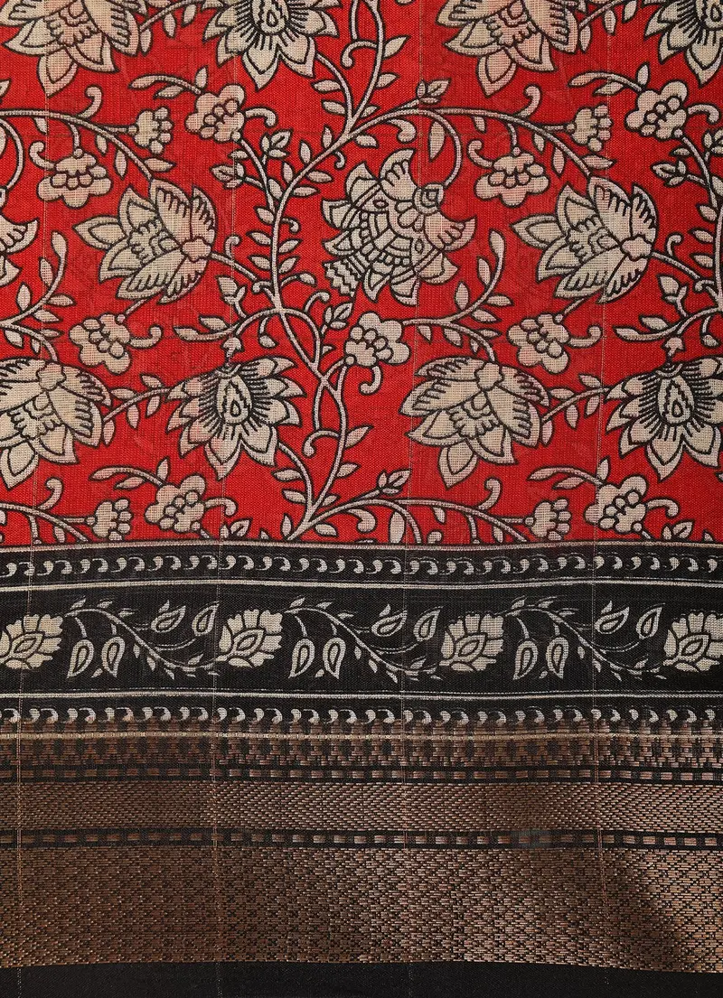 Red Floral Printed Design Mixed Cotton Saree With Contrast Border 2