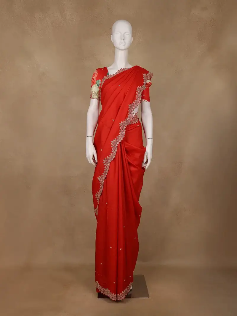Red Floral Printed Design Pure Tissue Silk Saree 1