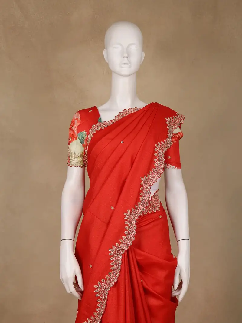 Red Floral Printed Design Pure Tissue Silk Saree 2