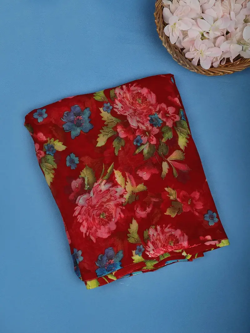 Red Floral Printed Georgette Saree With Matching Blouse 1