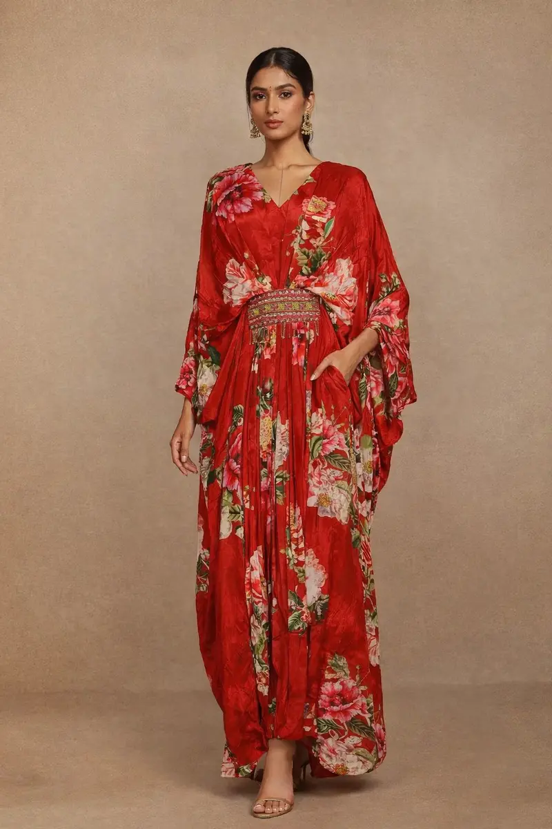 Red Floral Printed Kaftan Style Crepe Gown 1