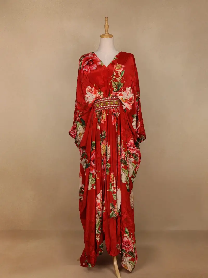 Red Floral Printed Kaftan Style Crepe Gown 2