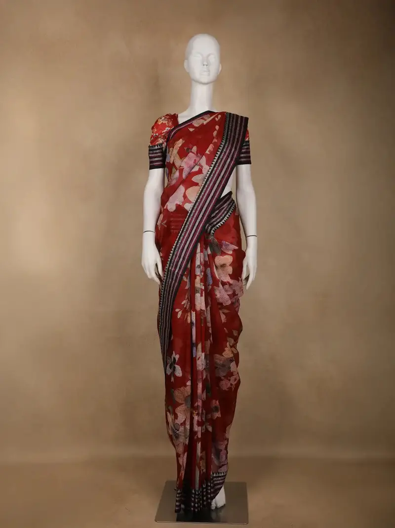 Red Floral Printed Kota Cotton Saree 1