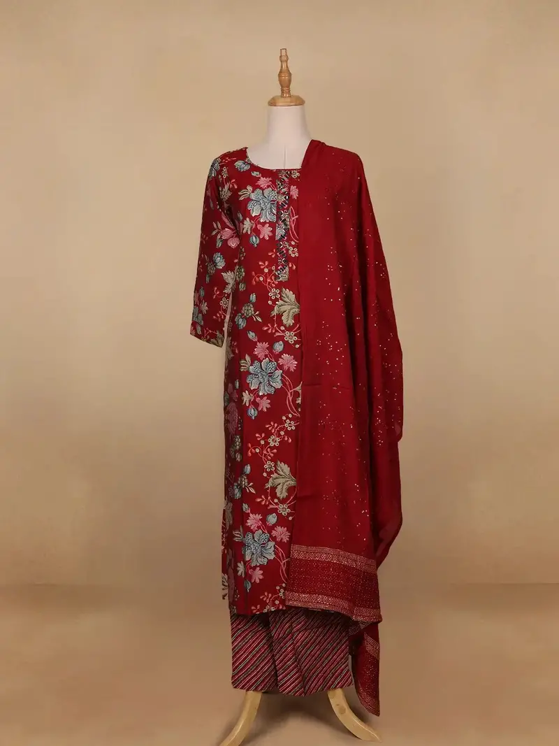 Red Floral Printed Semi Silk Salwar Suit 1