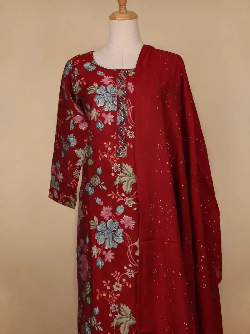 Red Floral Printed Semi Silk Salwar Suit 2