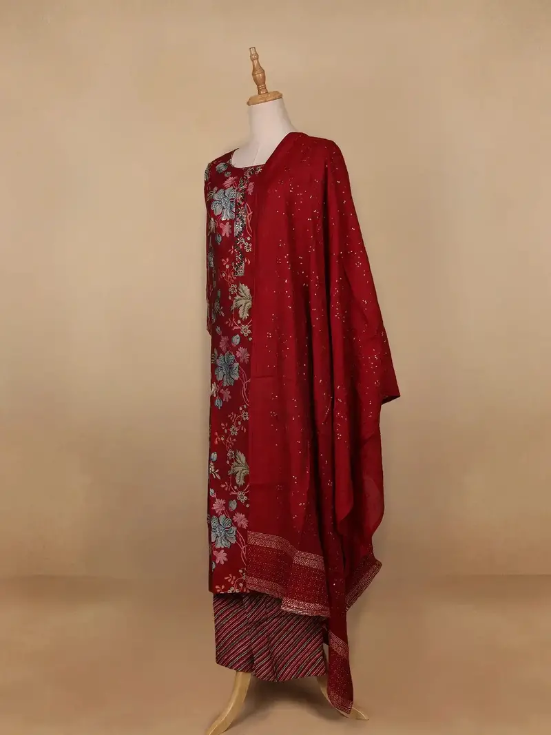Red Floral Printed Semi Silk Salwar Suit 3